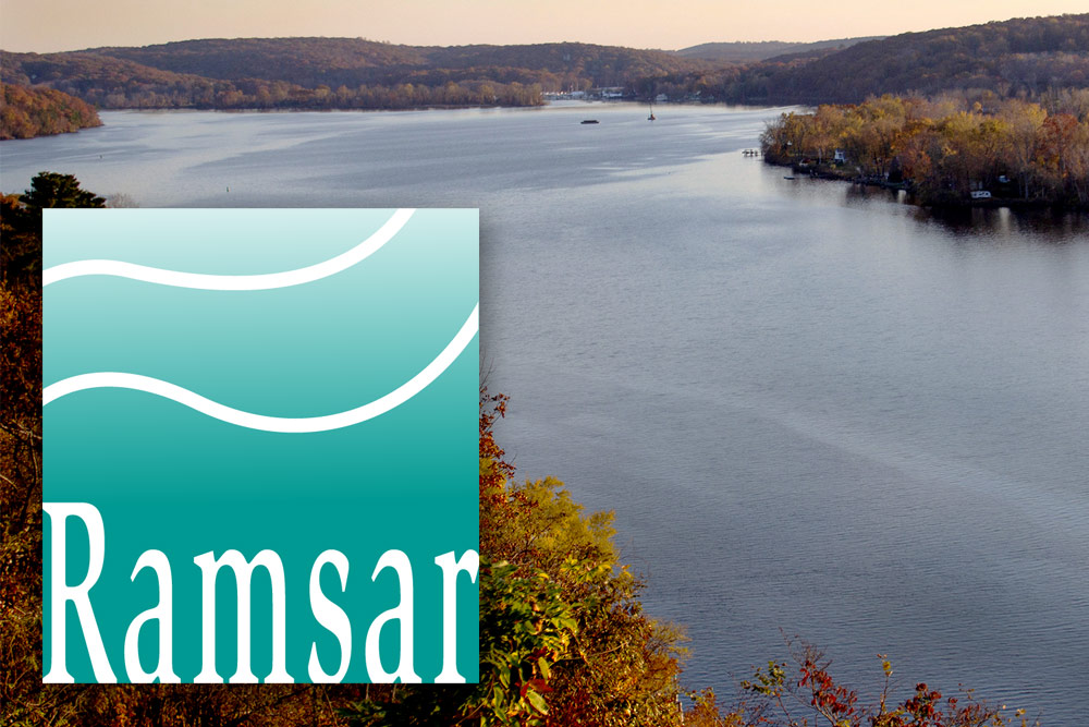Ramsar logo overlays the a photo of the Connecticut River